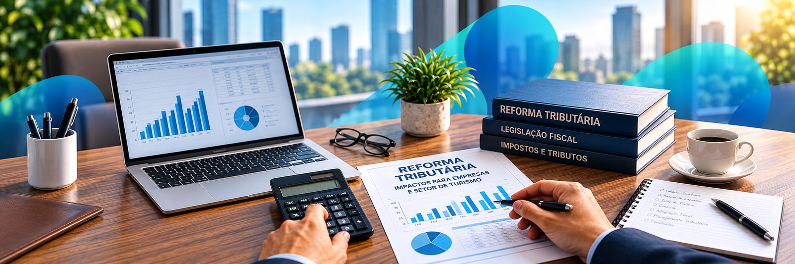 Mesa de trabalho com materiais sobre Reforma Tributária, relatórios financeiros e notebook com gráficos